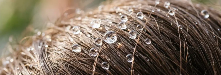 Gros plan sur des cheveux mouillés avec des gouttes d'eau scintillantes sur le cuir chevelu dans une lumière naturelle douce