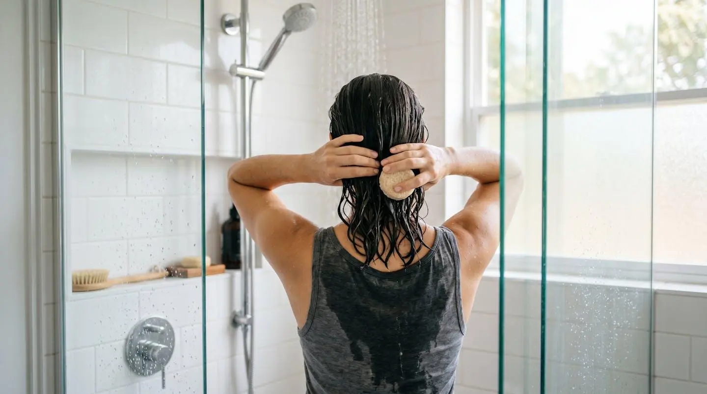 Vue de dos d'une personne appliquant un produit solide naturel sur ses cheveux mouillés sous la douche dans une salle de bain moderne
