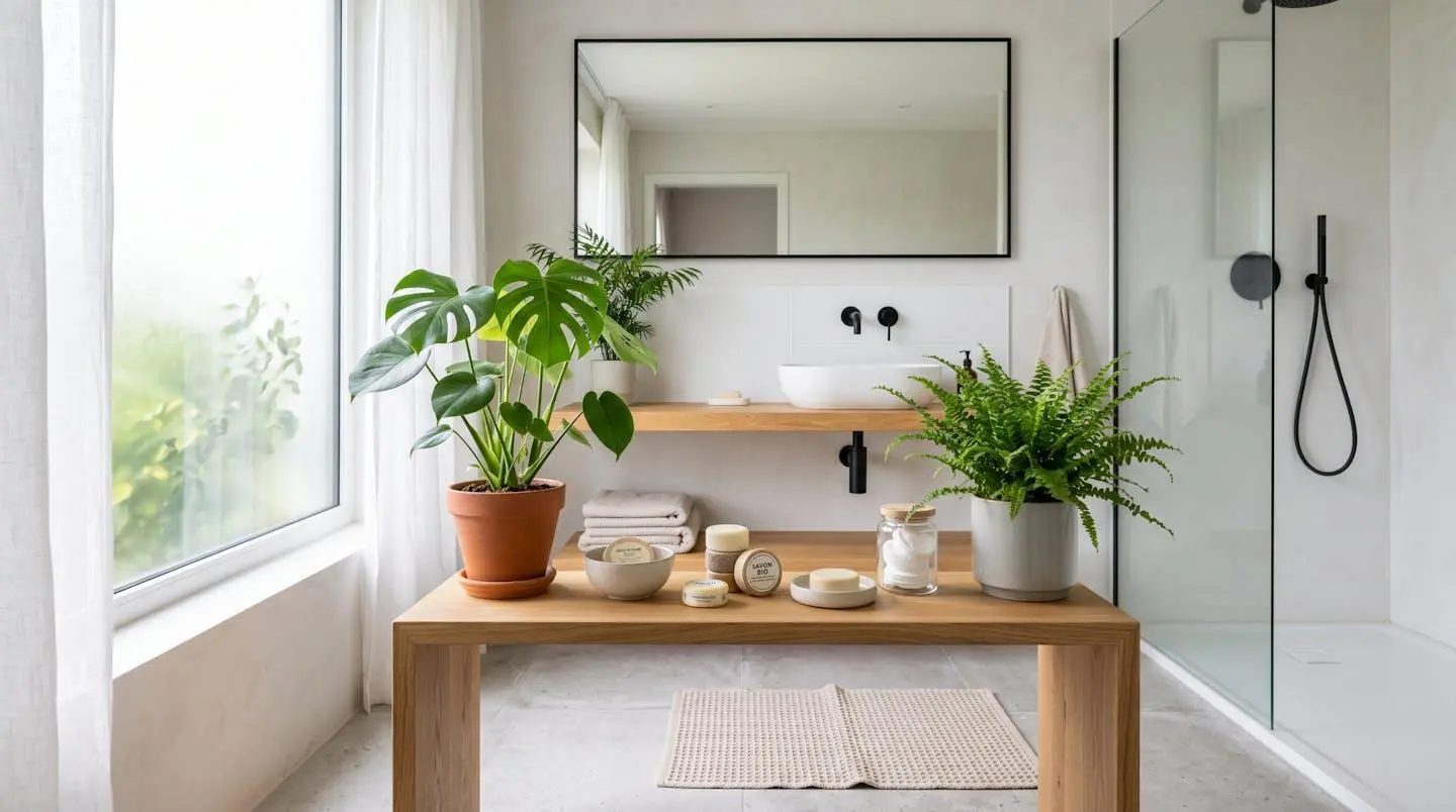 Salle de bain contemporaine épurée avec étagère en bois portant des produits cosmétiques solides et plantes vertes, baignée de lumière naturelle